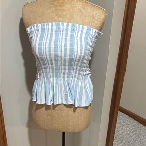 Blue and White Strapless Plaid Women's Top